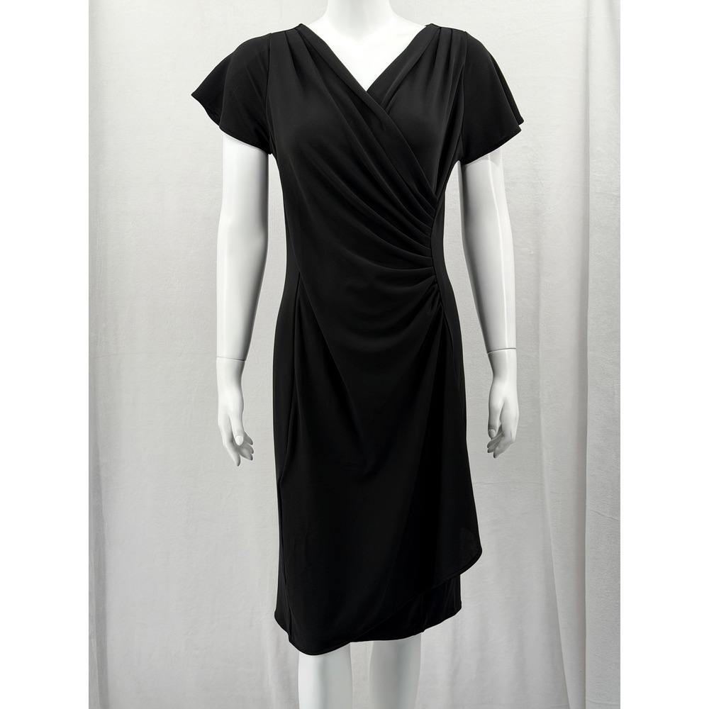 Talbots Dress Womens Medium Black Ruched Faux Wrap Office Cocktail LBD Career